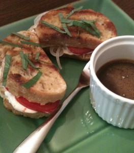 Roasted Chicken, Tomato, Onion and Mozzarella Paninis with Garlic Balsamic Dipping Sauce Recipe