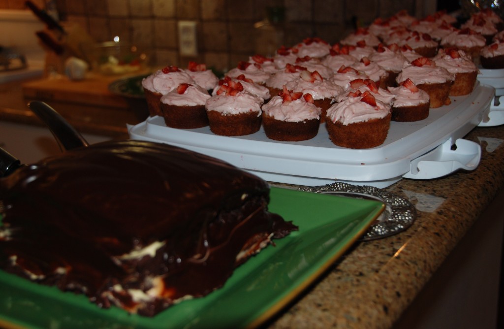 Chocolate Cake with Espresso Buttercream and Dark Chocolate Ganache and Fresh Strawberry Cupcakes with Strawberry Buttercream Frosting